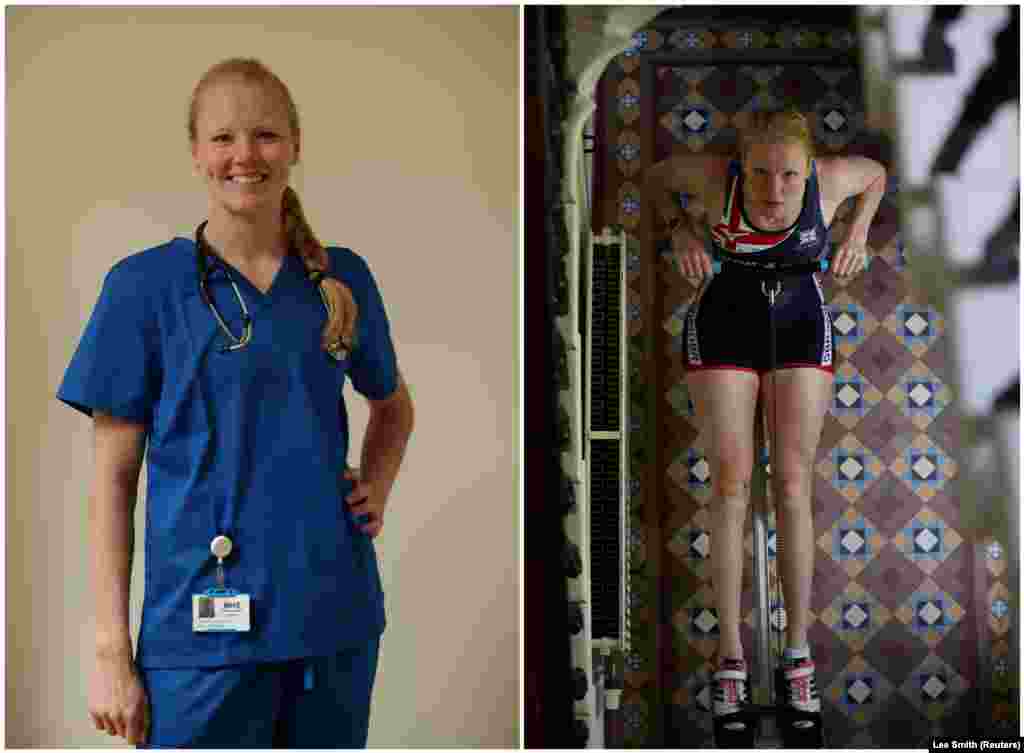 Polly Swann amellett, hogy a brit evezőcsapat tagja, egészségügyi dolgozó is, akinek a karantén idején hol edzenie kellett otthon, hol dolgozni a kórházban.