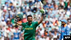 Pakistan's Fakhar Zaman celebrates reaching his 100 during the ICC Champions Trophy final cricket match between India and Pakistan in London on June 18.