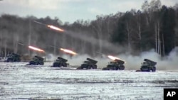 Belarus - Multiple rocket launchers fire during the Belarusian and Russian joint military drills at Brestsky firing range, February 4, 2022.