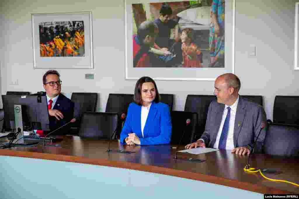INTERNAL USAGE ONLY -- CZECH REPUBLIC – Belarusian opposition leader Svyatlana Tsikhanouskaya during visit at RFE/RL Headquarters in Prague, June 8, 2021 (permission to be requested at Photo Desk)