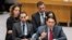 Israel's Ambassador to the United Nations Danny Danon, right, is joined by Oran Almog, second from left, during a Security Council meeting on the situation in the Middle East, including the Palestinian question, Tuesday, July 25, 2017 at United Nations he