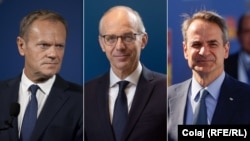 De la stânga la dreapta: Premierul Poloniei, Donald Tusk, premierul Luxemburgului, Luc Frieden și prim-ministrul Greciei, Kiriakos Mitsotakis