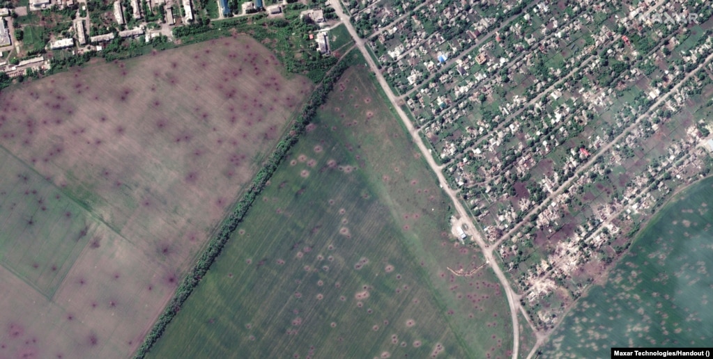 A satellite image of Lyman, Ukraine, shows artillery craters in fields and destroyed buildings in late May. According to the FAO, 50 countries rely on Russia and Ukraine for at least 30 percent of their wheat imports. In the Middle East and North Africa, these countries include Lebanon, Egypt, Libya, Oman, Saudi Arabia, Yemen, Tunisia, Iran, Jordan, and Morocco.