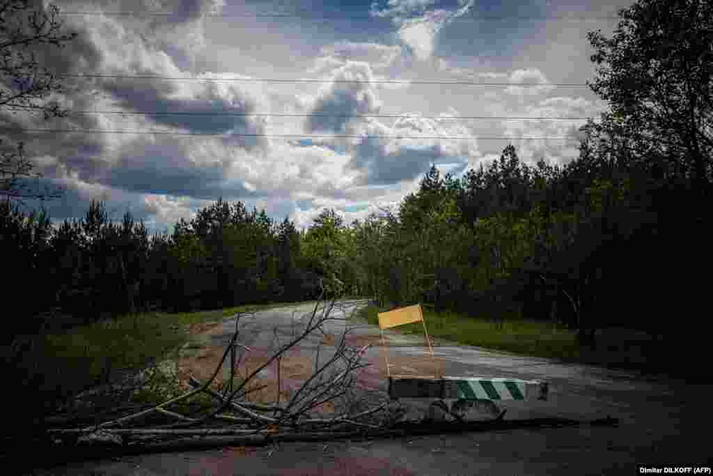 Orosz katonák által felállított úttorlasz a Vörös-erdő közelében, a csernobili atomerőművet körülvevő tíz négyzetkilométeres területen május 29-én