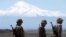 Armenia - Armenian soldiers taking part in a military exercise are pictured against the backdrop of Mount Ararat, May 26, 2022.
