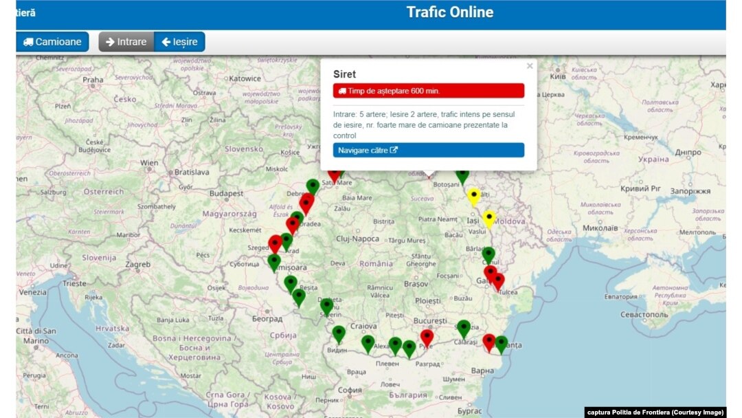 Aplicația Poliției Frontieră care monitorizează traficul de la punctele de frontieră arată aglomerația din vămile din mai multe puncte de trecere a frontierei.