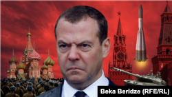 Дмитрий Медведв на фоне строений Кремля, танка, ракеты и строя колонны солдат. Иллюстративный коллаж