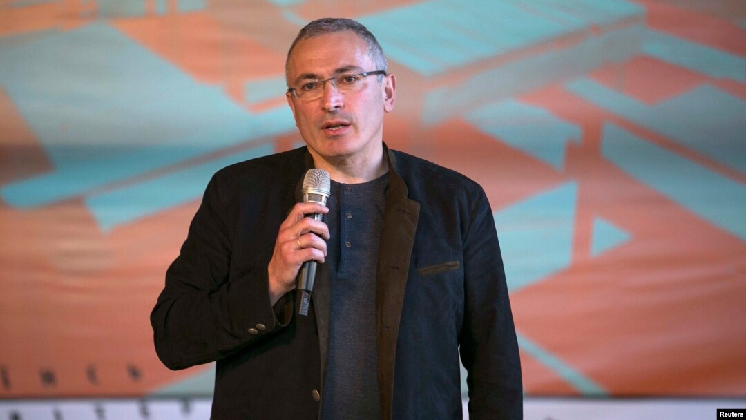 Former Russian oil tycoon Mikhail Khodorkovsky speaks during a news conference in Donetsk in April.