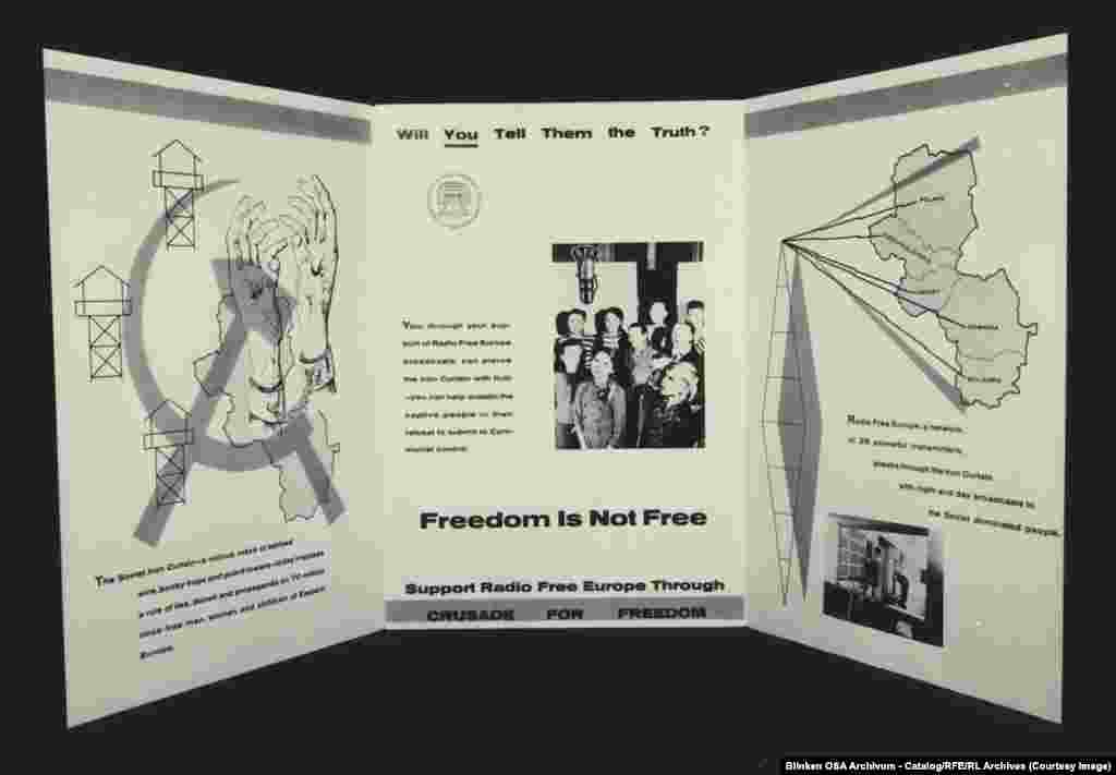 A brochure calling for donations to support the operation of RFE.A portion of RFE’s funding came from donations but the bulk of the operation was secretly funded by the CIA. This subterfuge allowed for RFE to be ‘bare-fisted and hard-hitting,” unhindered by awkward diplomatic considerations of openly state-funded broadcasters.