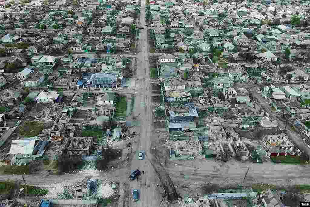 A May 1 photo shot with a drone shows the suburb of Rubizhne, in Ukraine&#39;s eastern Luhansk region, which was heavily damaged by fighting.&nbsp;