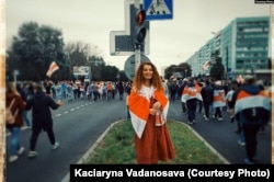 Кацярына Ваданосава на пратэстах у Менску ў 2020-м