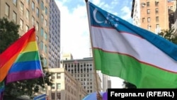 Uzbekistan's flag flies at a New York City pride parade. The Central Asian country is the only former post-Soviet state that hasn't removed a Soviet-era law criminalizing homosexuality. (file photo)