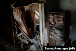 ძაღლი დაბომბილი სახლის ნანგრევებში იმალება.