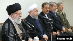 Iranian Supreme Leader Ali Khamenei in meeting with Rouhani's cabinet on Saturday August 26, 2017. Jahangiri is third in the middle.