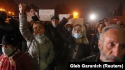 ARMENIA - People attend an opposition rally to demand the resignation of Armenian Prime Minister Nikol Pashinyan following the signing of a deal to end the military conflict over the Nagorno-Karabakh, in Yerevan, November 18, 2020