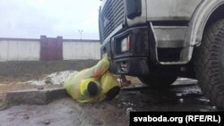 A protester chained himself to a truck on February 24.