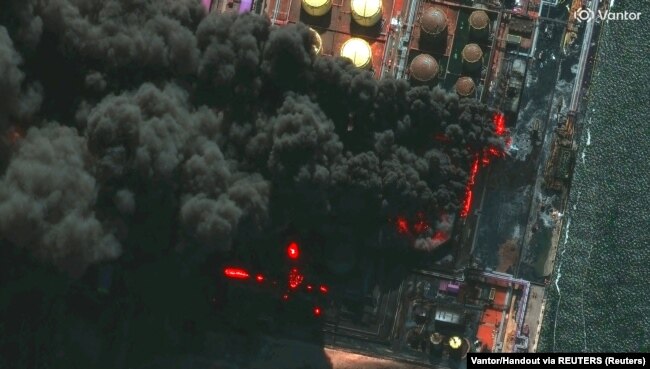 Fire in the port of Ust-Luga on the Baltic Sea in the Leningrad Region of Russia after a Ukrainian drone strike, March 27, 2026 (satellite image in infrared range)