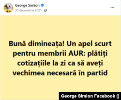 Mesajul postat de George Simion pe contul de Facebook pe 30 decembrie 2021. În zona de comentarii, unii susținători AUR l-au criticat pentru că cere bani pentru partid. În 2021, Alianța a adunat din cotizații și donații venituri în valoare de 1.6 milioane de lei.