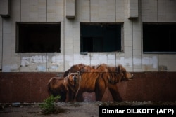 Графіті з ведмедями на фотографії, зробленій 29 травня 2022 року в місті-привиді Прип'ять, розташованому неподалік Чорнобильської АЕС