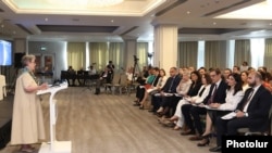 Armenia - Andrea Wiktorin, head of the EU Delegation in Armenia, speaks at a conference on judicial reforms in Yerevan, June 8, 2022.