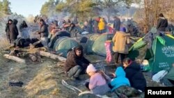 Imigranți ilegali masați în Belarus, la granița cu Polonia, 9 noiembrie 2021.