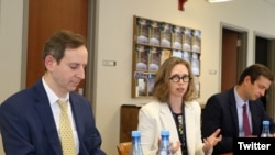 Armenia - U.S. Deputy Assistant Secretary of State Kara McDonald (center) at a meeting in Yerevan, June 9, 2022.