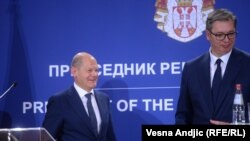 Nemački kancelar Olaf Šolc i predsednik Srbije Aleksandar Vučić tokom Šolcove posete Beogradu, 10. jun 2022. 