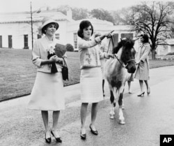 1962. április 12. Az amerikai first lady, Jacqueline Kennedy kalauzolja a Fehér Ház területén Farah Pahlavi iráni császárnét. Kennedy kezében lánya, Caroline pónija, Macaroni kantárja. A jószág rendre a császárnőt piszkálta a kezében tartott nárciszok miatt. A háttérben a first lady sajtótitkára, Pamela Turnure
