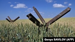 Obstacole anti-tanc într-un lan de grâu din sudul Ucrainei, 11 iunie 2022 (Photo by Genya SAVILOV / AFP) 