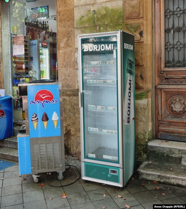 An empty Borjomi fridge in Batumi on June 11