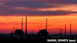 Units 5 and 6 of the Bulgarian nuclear power plant are shown at sunrise in the town of Kozloduy.