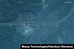 A satellite image shows damaged railroad bridges in the northwest of Syevyerodonetsk on June 11.