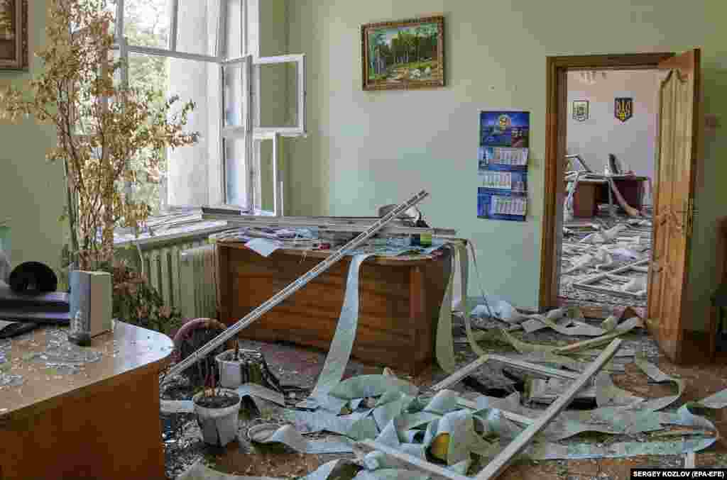 Damaged rooms of the Kharkiv State Zoo Veterinary Academy are seen following the missile strike.