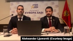 Milojko Spajic (left) and Jakov Milatovic hold a press conference in June in Podgorica.