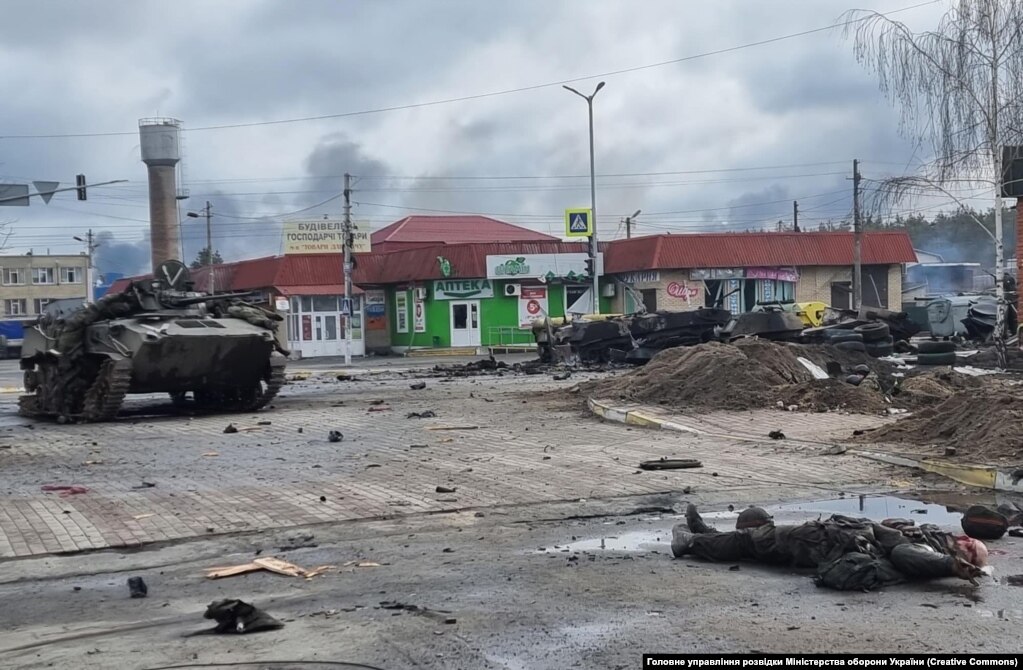 The aftermath of fierce fighting that took place on March 4 in Hostomel, northwest of Kyiv.