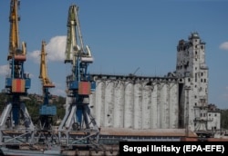 A granary destroyed by Russian shelling in the cargo sea port in Mariupol on June 12.