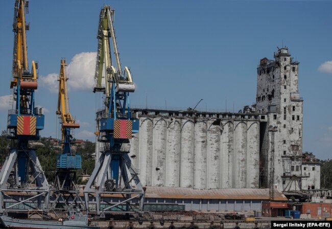 A granary destroyed by Russian shelling in the cargo sea port in Mariupol on June 12.