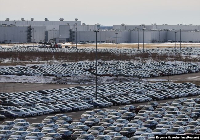 New cars are seen parked at a plant of Volkswagen Group Rus in Kaluga. Volkswagen announced in March that it was suspending production at two Russian assembly plants.
