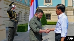 Indonesian President Joko Widodo (right) and Ukrainian President Volodymyr Zelenskiy shake hands during Widodo's visit to Kyiv on June 29.