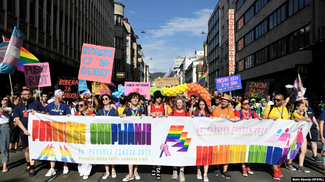 People take part in Sarajevo's third Pride Parade on June 25, 2022.