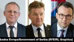 The head of the Kosovo negotiating team, Besnik Bislimi (left), EU Special Representative for the Belgrade-Pristina Dialogue Miroslav Lajčak (center), and Serbia's chief negotiator Petar Petković (composite file photo)