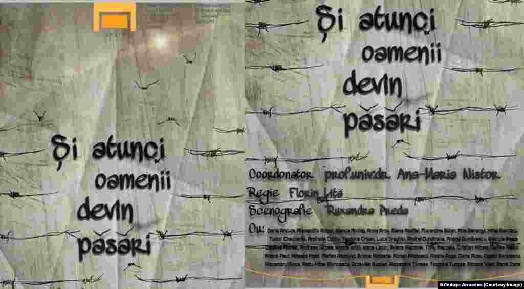 Posterul spectacolului performance Și atunci oamenii devin păsări a echipei de la UNATC București realizat în spațiul Memorialului de la Sighet