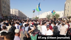 Protesters rally in Karakalpakstan in July 2022 as the Uzbek government was considering removing the region's right to self-determination from the constitution.