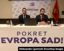 Milojko Spajic (left) and Milatovic speak to the press in Podgorica in June 2022.