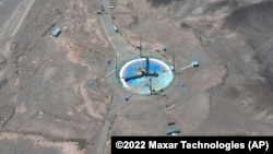 This satellite image by Maxar shows a launch pad at the Imam Khomeini Space Center, southeast of Semnan, Iran, in June.