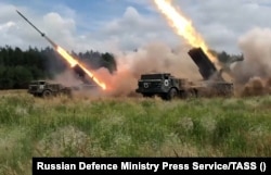 Russian rocket systems fire a barrage in eastern Ukraine in late June.