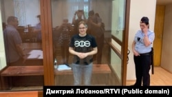 Lilia Chanysheva, pictured at the Basman court in Moscow on July 7, may face up to 18 years in prison if convicted on charges of extremism and taking part in an extremist organization's activities.