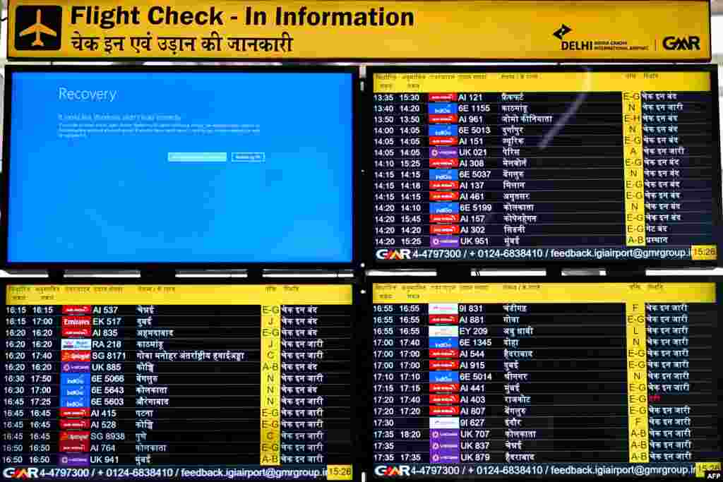 A flight information screen shows an error message amid a global IT outage at Indira Gandhi International Airport in New Delhi on July 19.&nbsp; Companies and institutions around the world have been affected by a major computer outage in systems running Microsoft Windows, apparently linked to a faulty CrowdStrike cybersecurity software update.&nbsp;