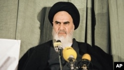 Ayatollah Khomeini at a news conference in Tehran on February 5, 1979