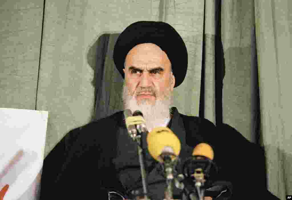 Khomeini holds a news conference in Tehran on February 5, 1979.&nbsp;